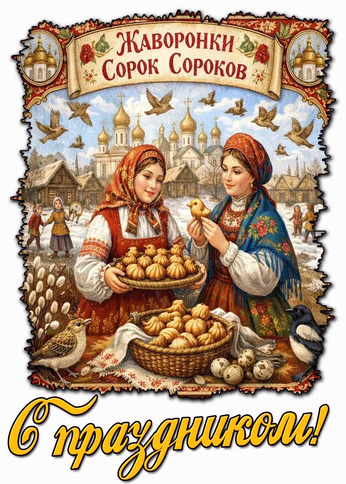 Открытка "Жаворонки! Сорок сороков! С праздником!"