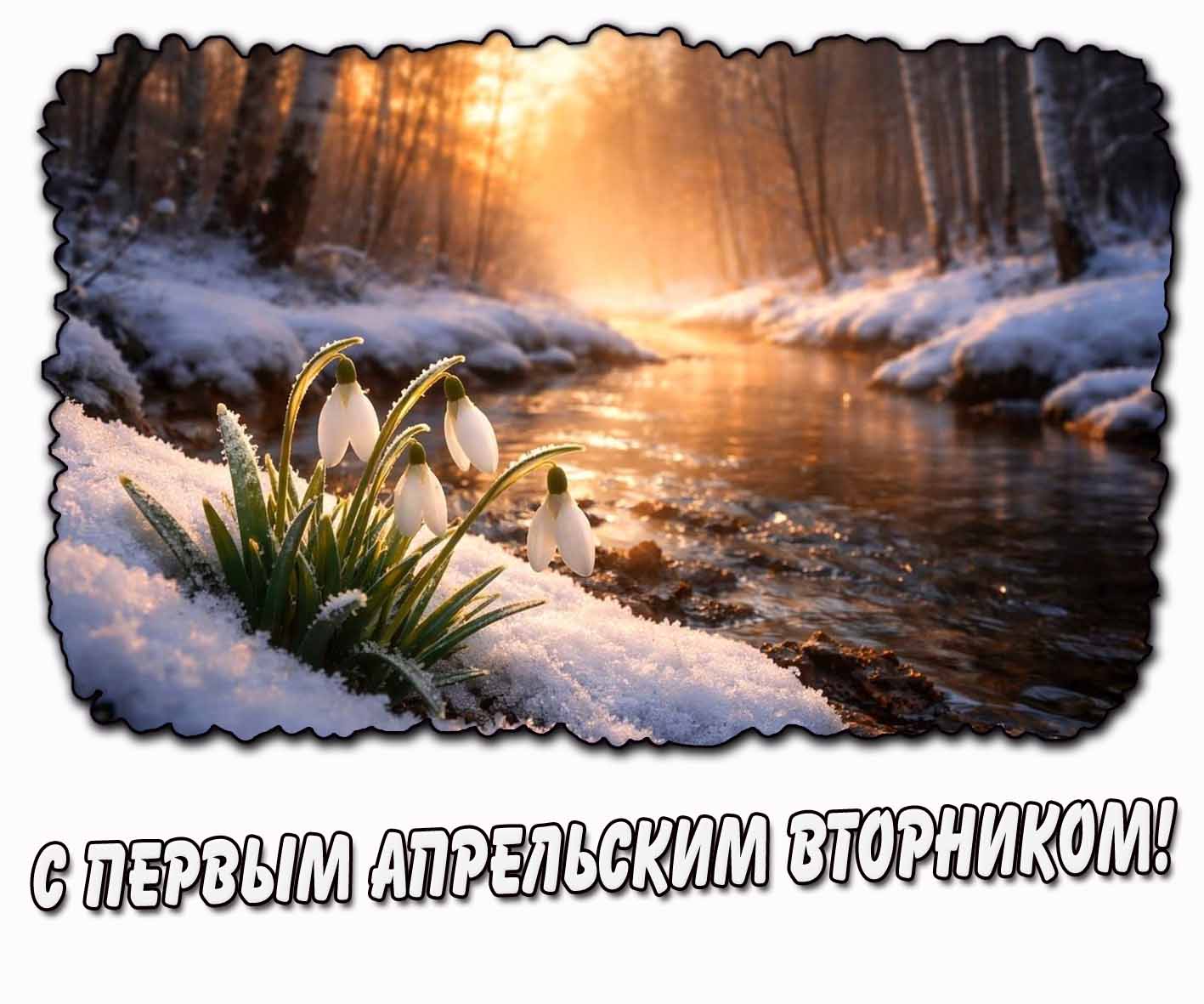 С первым апрельским вторником! - открытка с подснежниками
