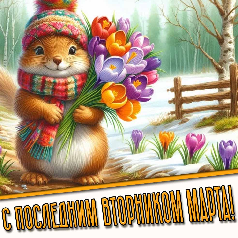 С последним вторником марта! - картинка с белочкой с цветами