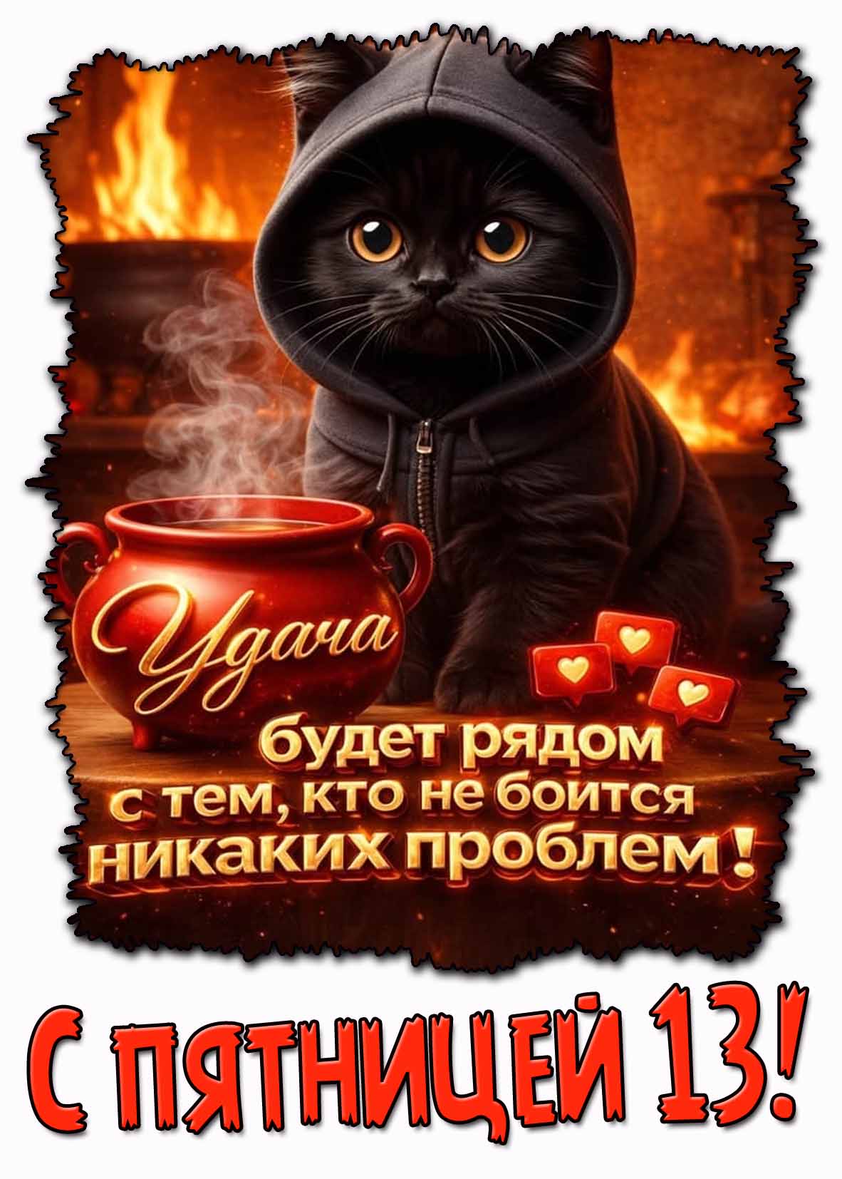 Открытка "С Пятницей 13! Удача будет рядом с тем, кто не боится никаких проблем!"