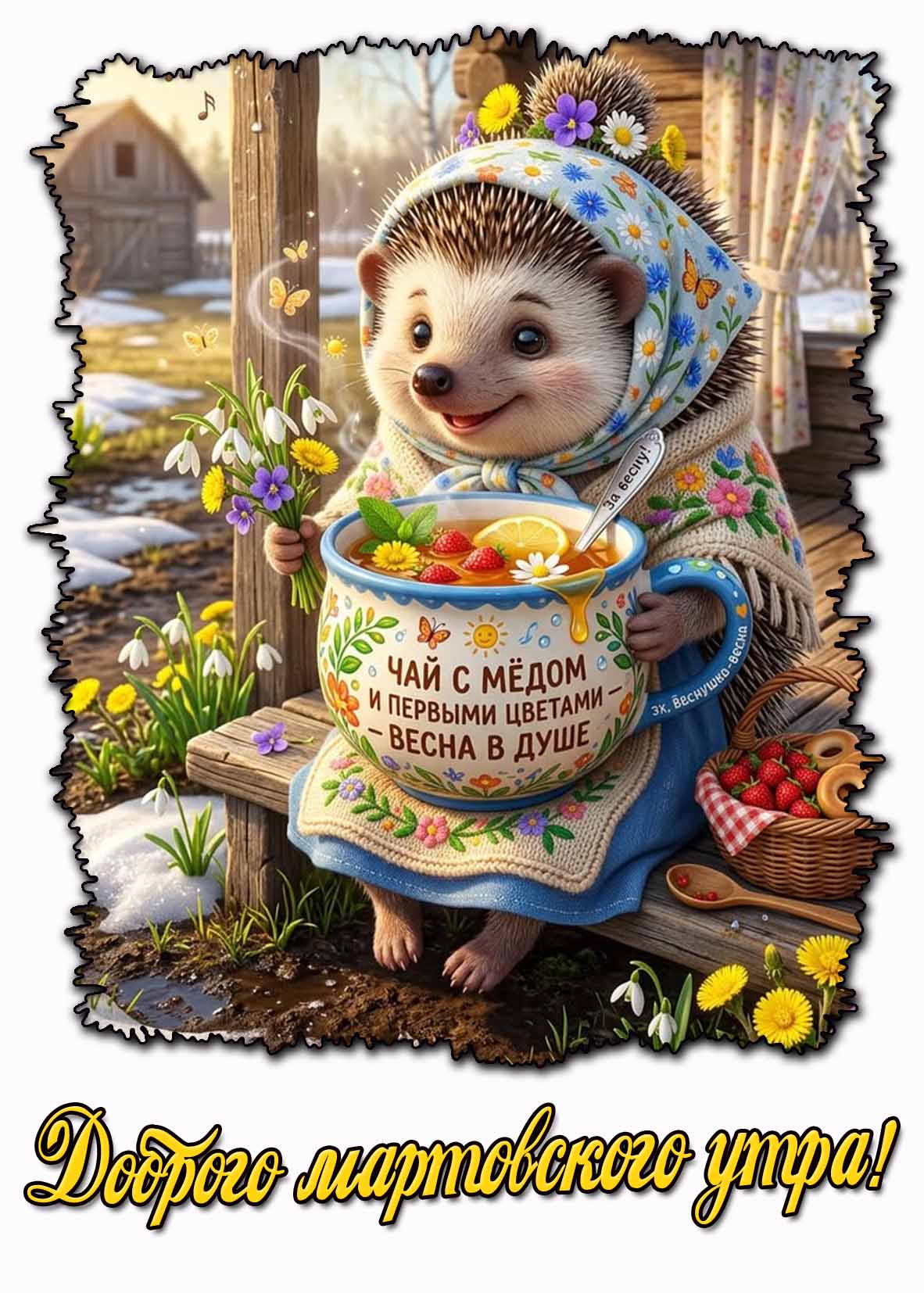 Открытка "Доброго мартовского утра! Чай с мёдом и первыми цветами - весна в душе!"