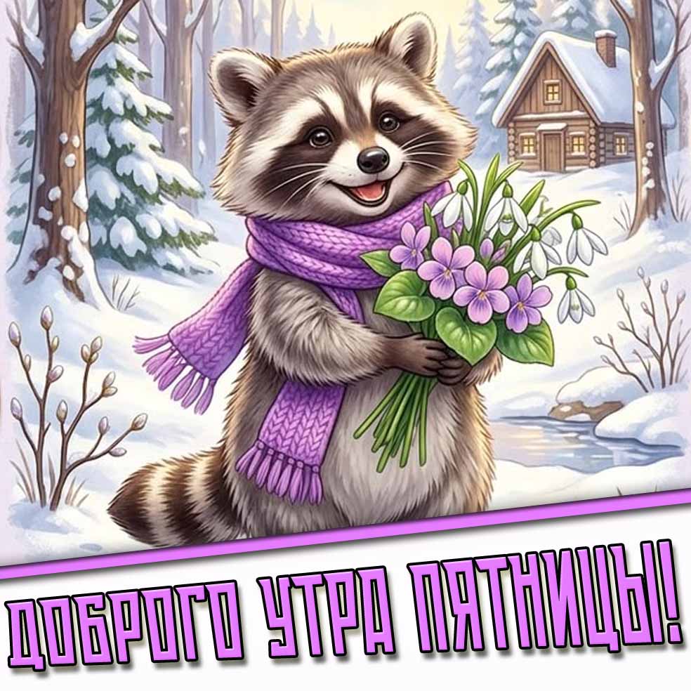 Доброго утра пятницы! - прикольная открытка с енотом с весенними цветами