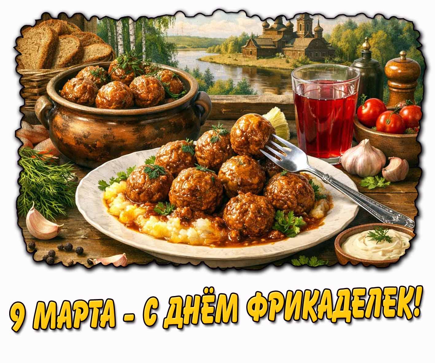Красивая открытка на 9 марта - с днём фрикаделек!