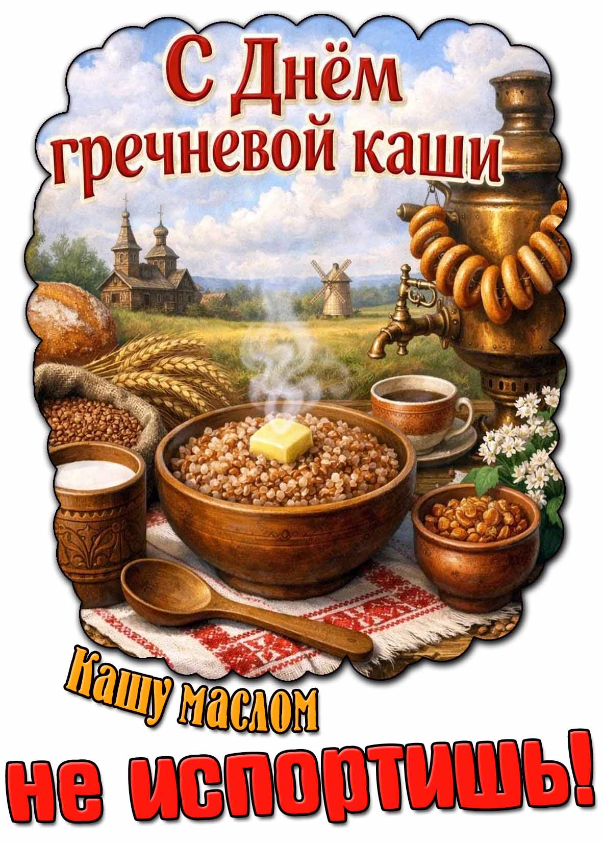 Открытка "С днём гречневой каши! Кашу маслом не испортишь!"