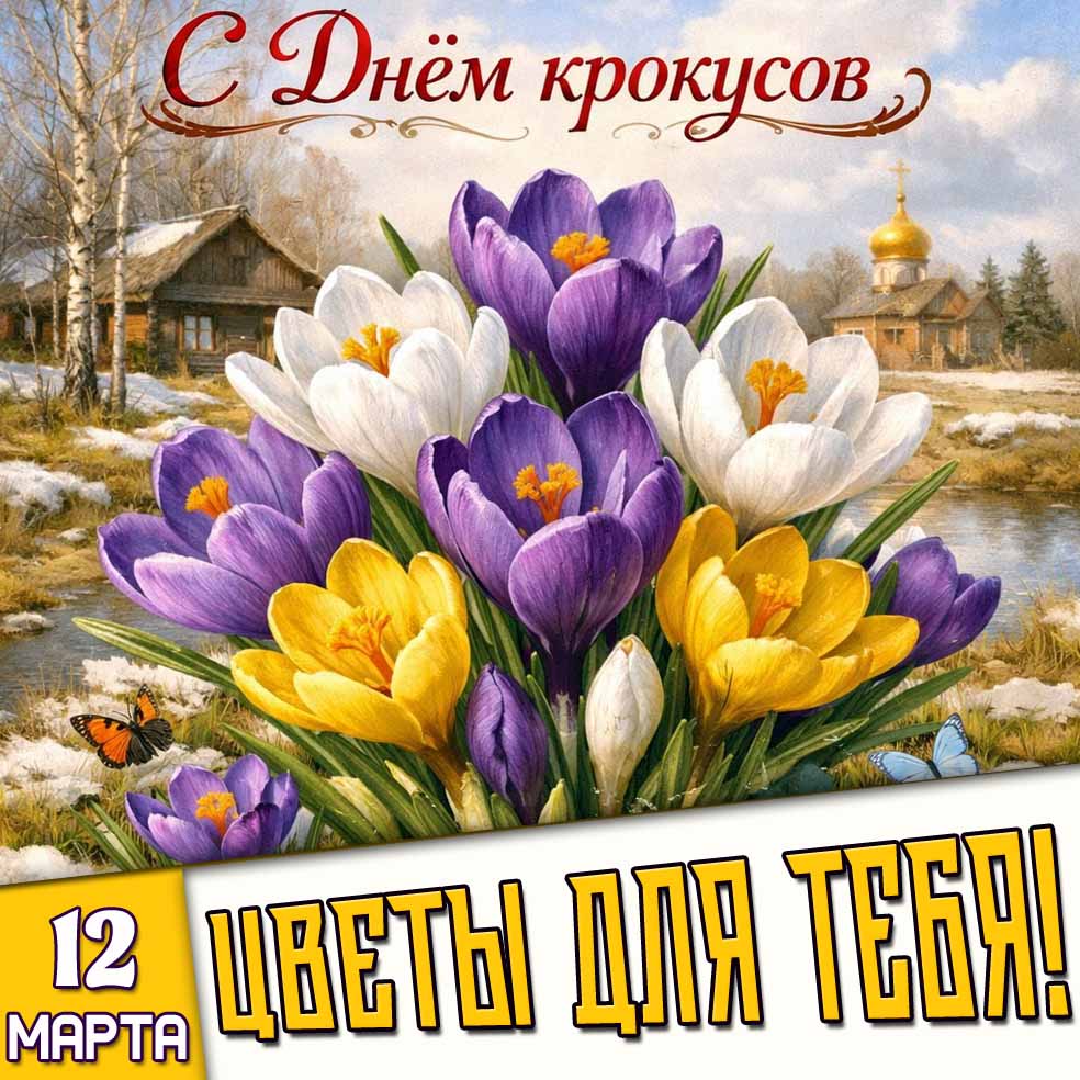 Весенняя открытка "12 марта - с днём крокусов! Цветы для тебя!"