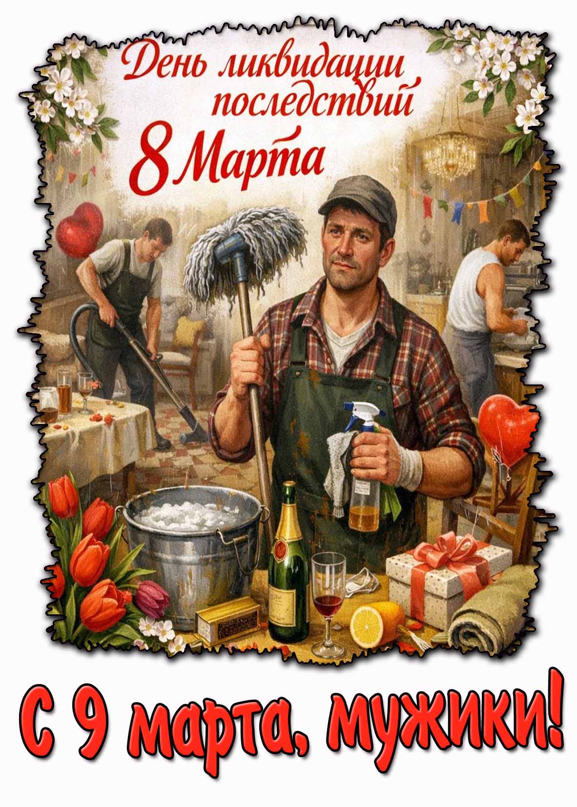 Открытка "8 марта - день ликвидации последствий! С 9 марта, мужики!"