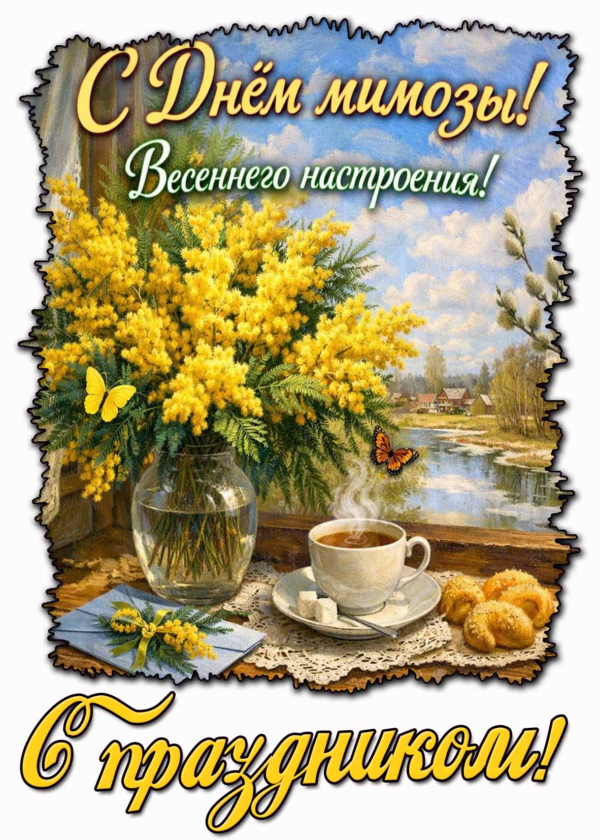 Открытка "С днём мимозы! Весеннего настроения! С праздником!"