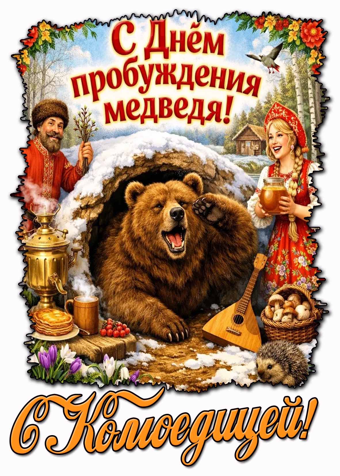Открытка "С днём пробуждения медведя! С Комоедицей!"