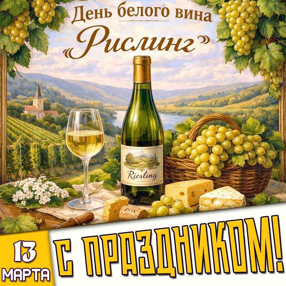 Открытка "13 марта - день белого вина Рислинг! С праздником!"