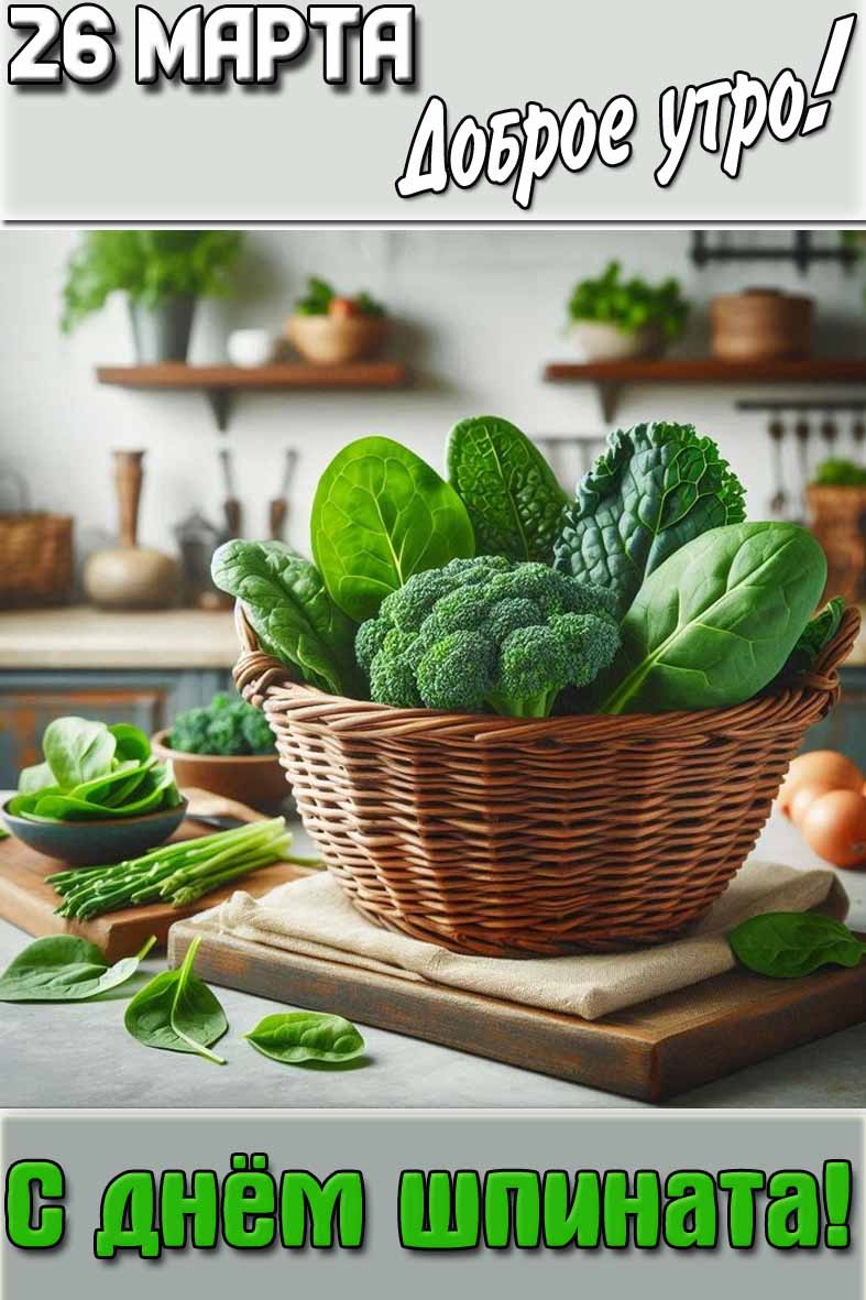 Открытка "26 марта доброе утро! С днём шпината!"