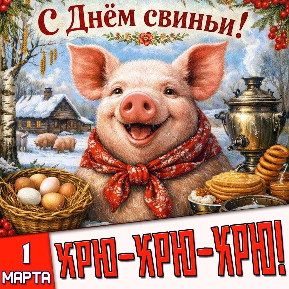 Смешная открытка "1 марта - с днём свиньи! Хрю-хрю-хрю!"