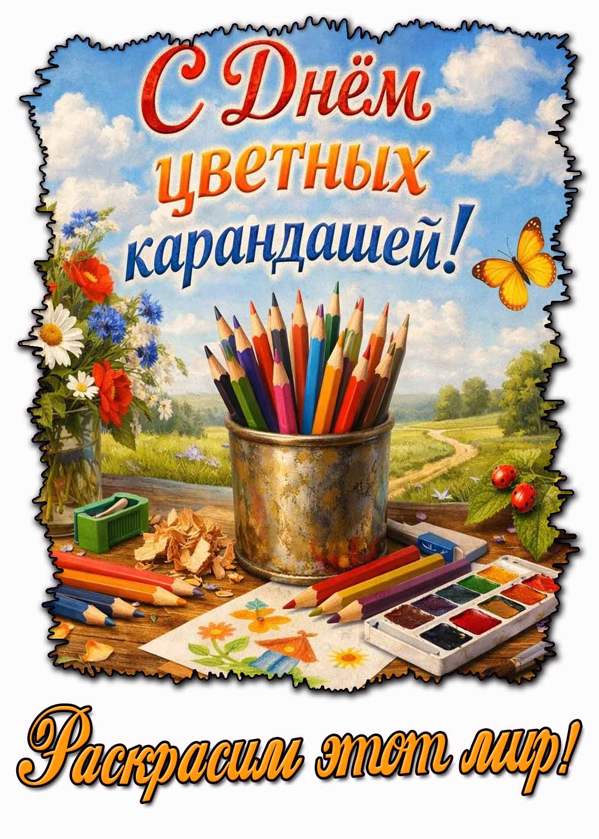 Открытка "С днём цветных карандашей! Раскрасим этот мир!"