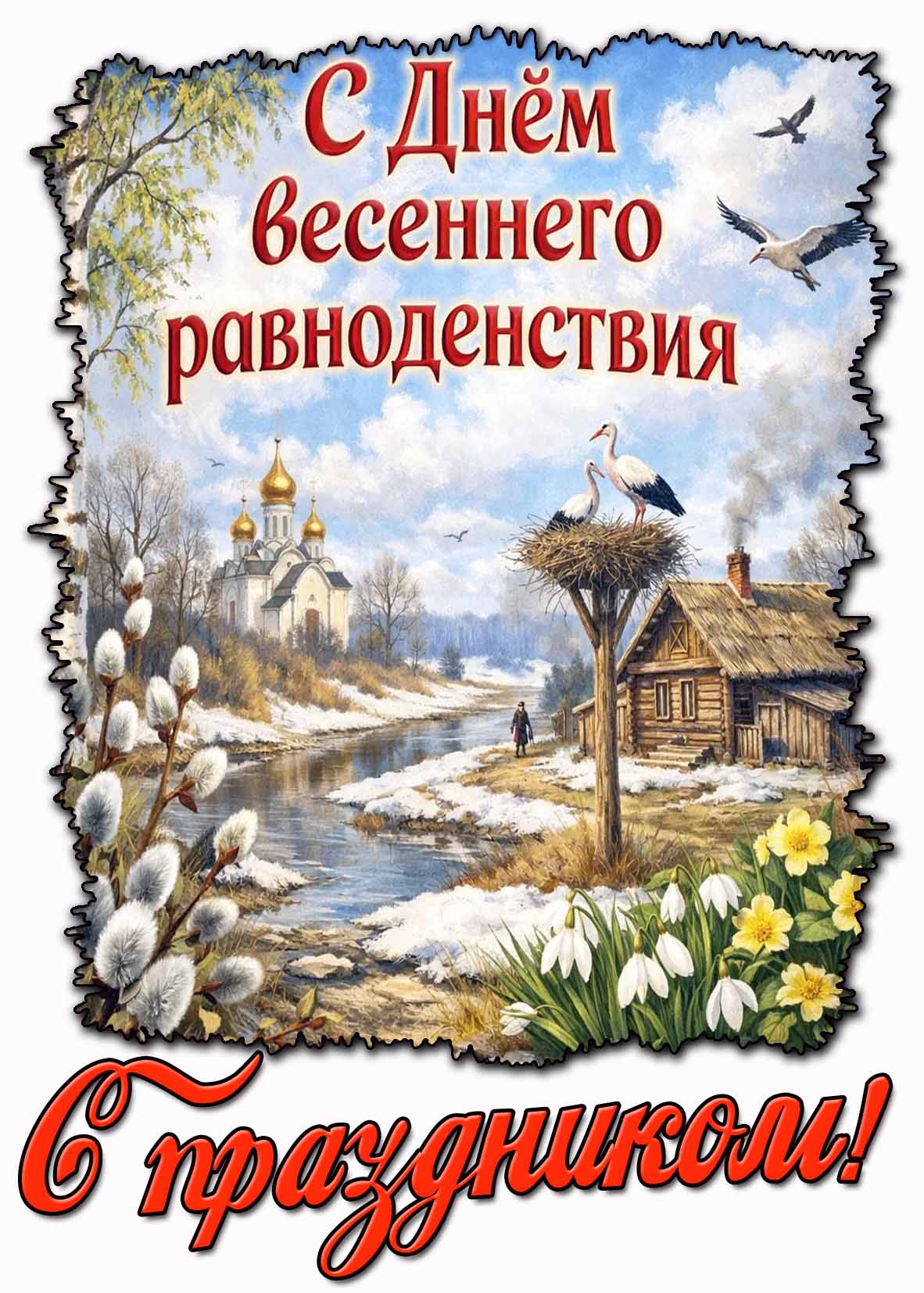 Красивая открытка с аистами, вербой, первыми цветами на фоне храма и надписью : С днём весеннего равноденствия! С праздником! Открытка "С днём весеннего равноденствия! С праздником!"