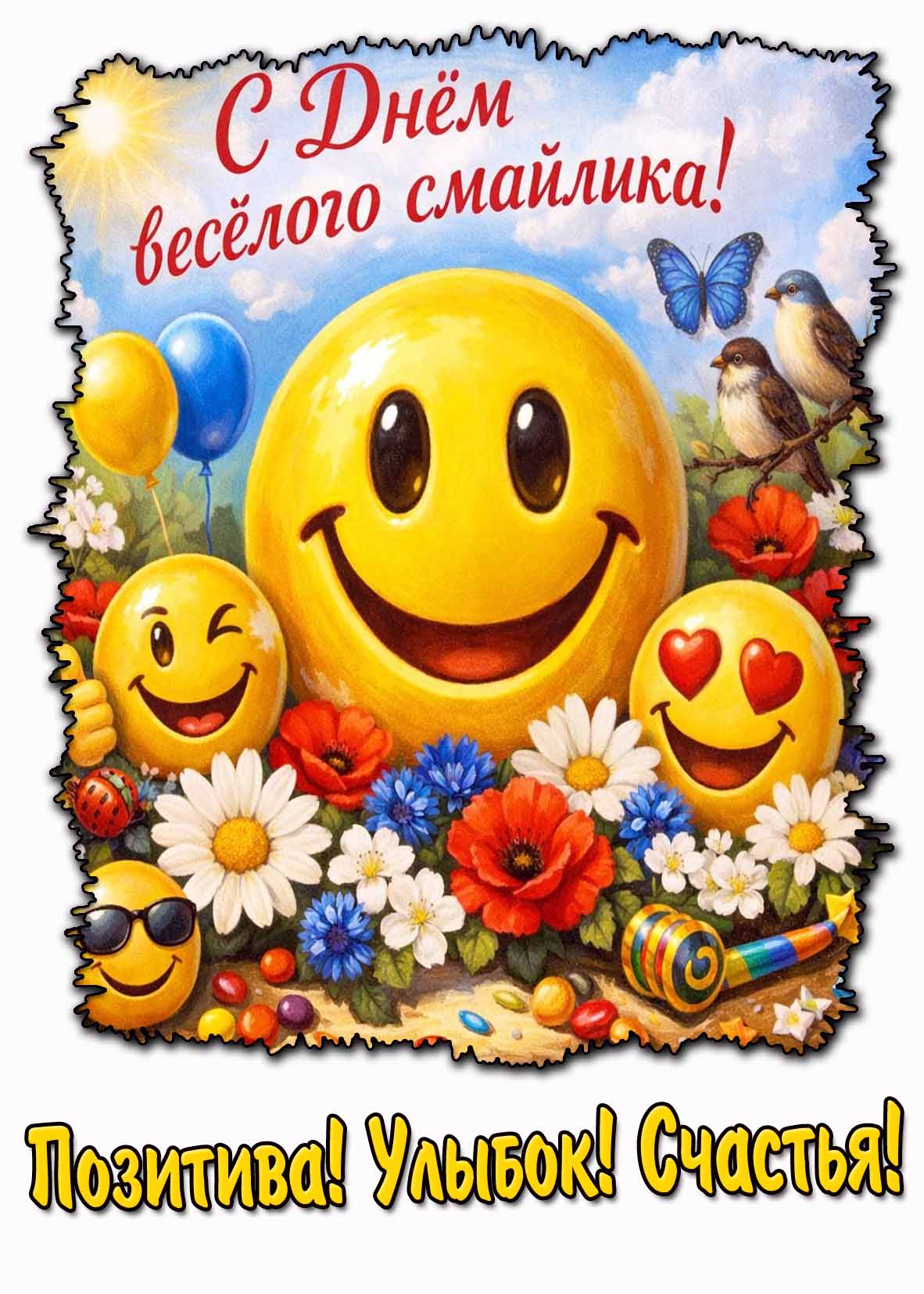 Открытка "С днём весёлого смайлика! Позитива! Улыбок! Счастья!"
