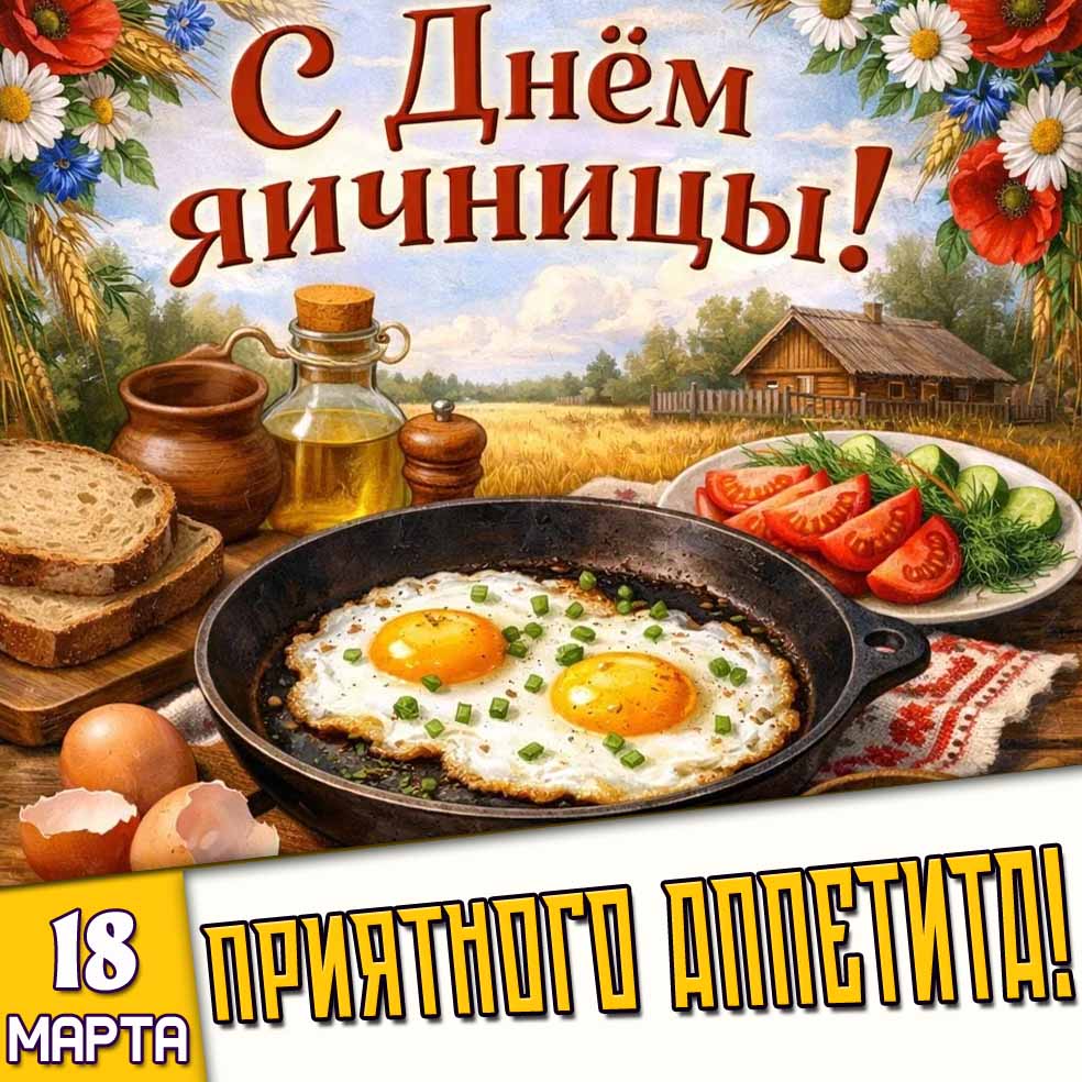 Открытка "18 марта - с днём яичницы! Приятного аппетита!"