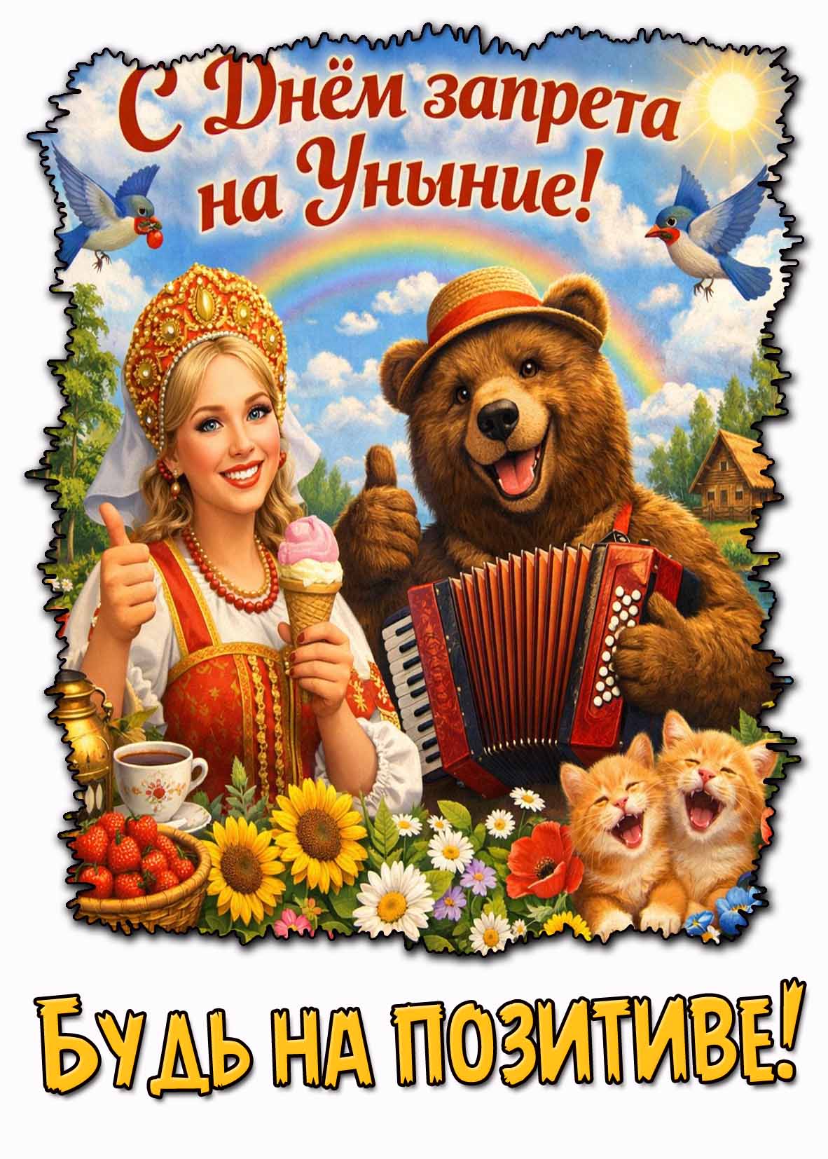 Прикольная открытка "С днём запрета на уныние! Будь на позитиве!"