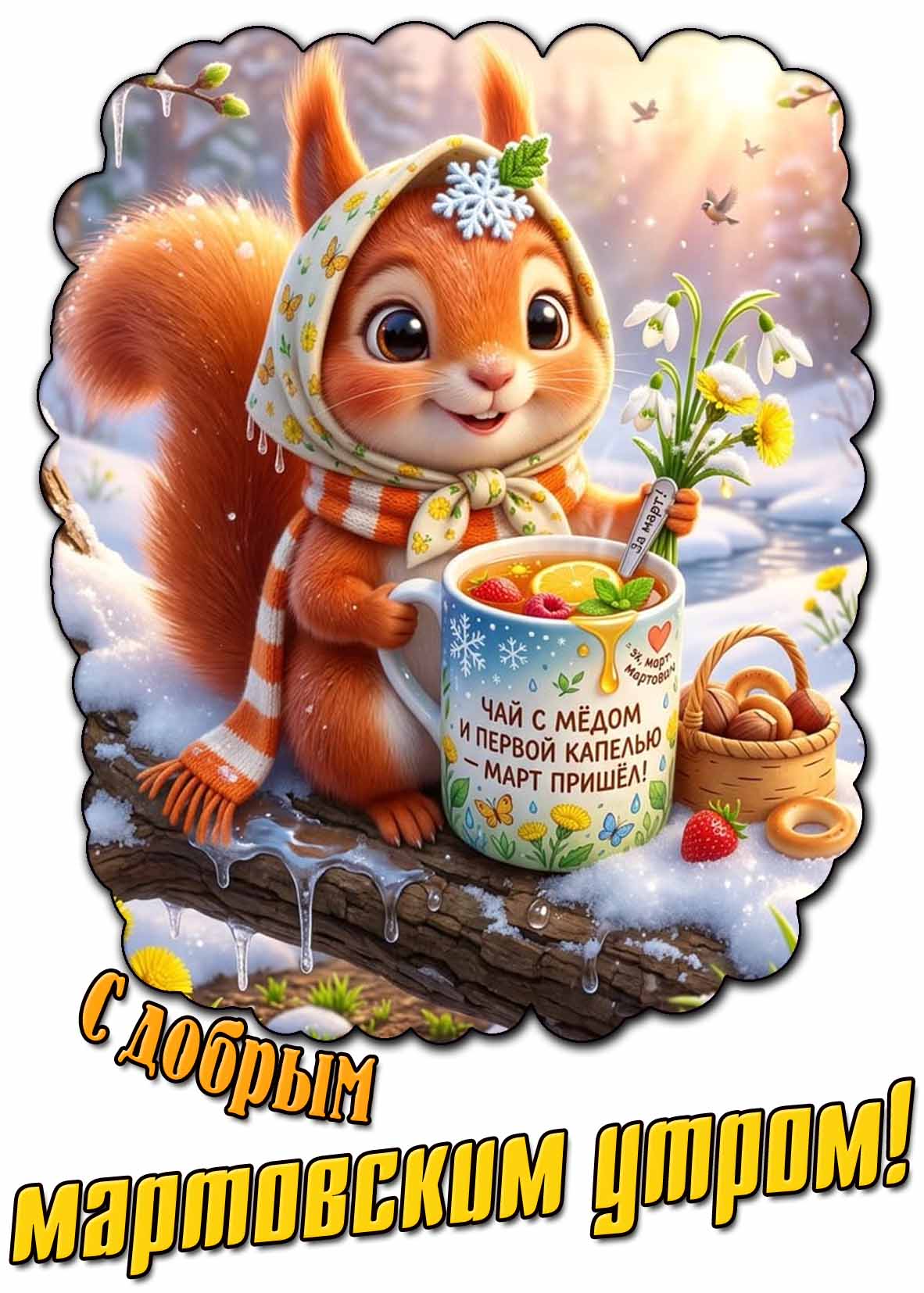 Картинка "С добрым мартовским утром! Чай с мёдом и первой капелью - март пришёл!"
