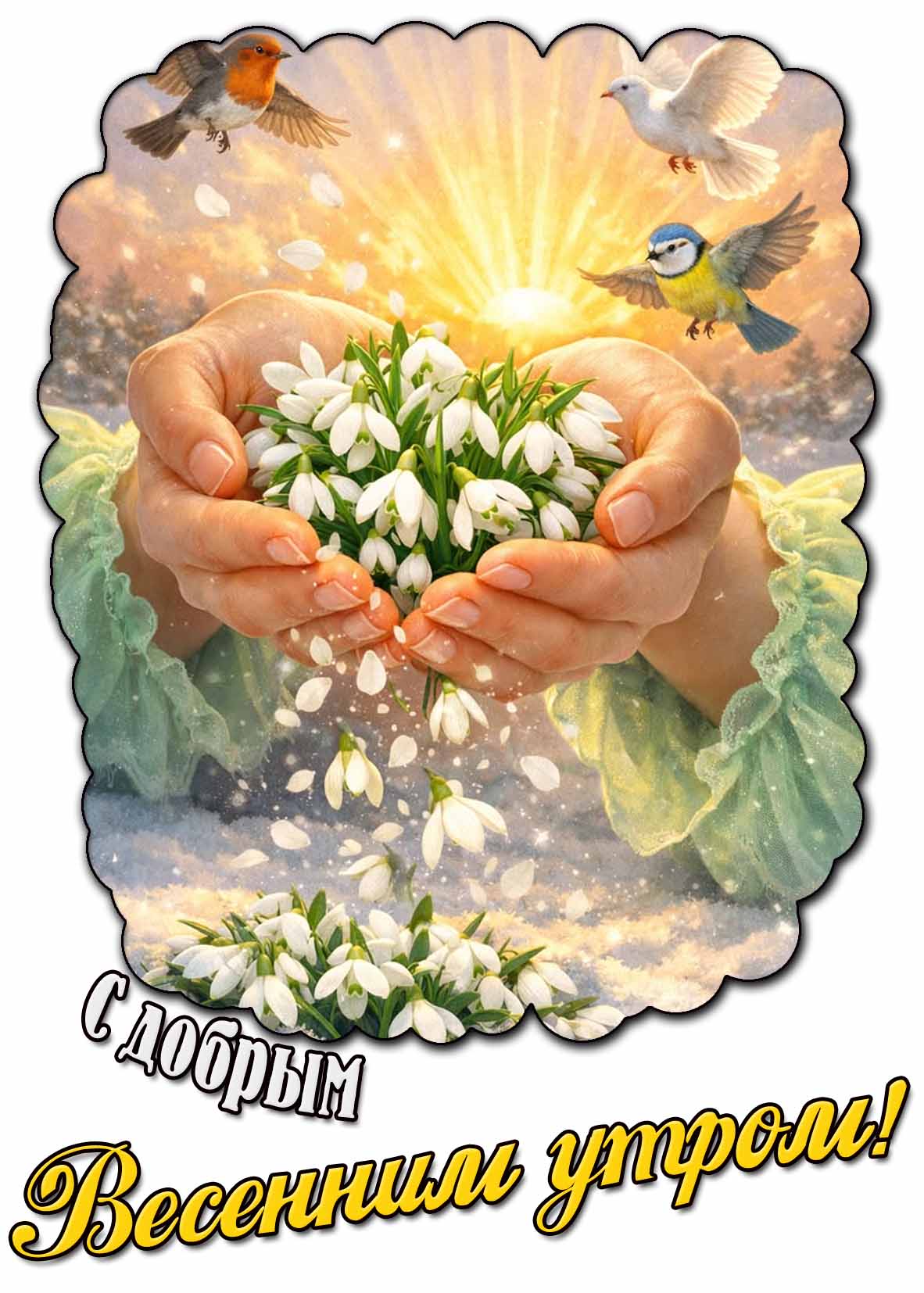 С добрым весенним утром! - солнечная открытка с подснежниками