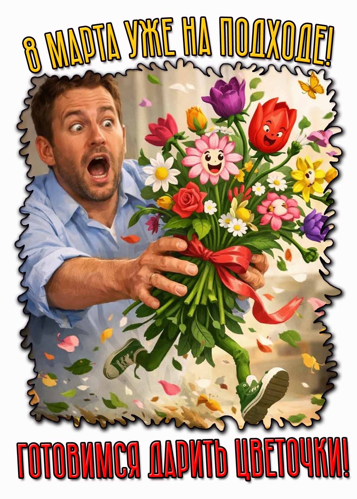 Прикольная открытка "8 марта уже на подходе! Готовимся дарить цветочки!"