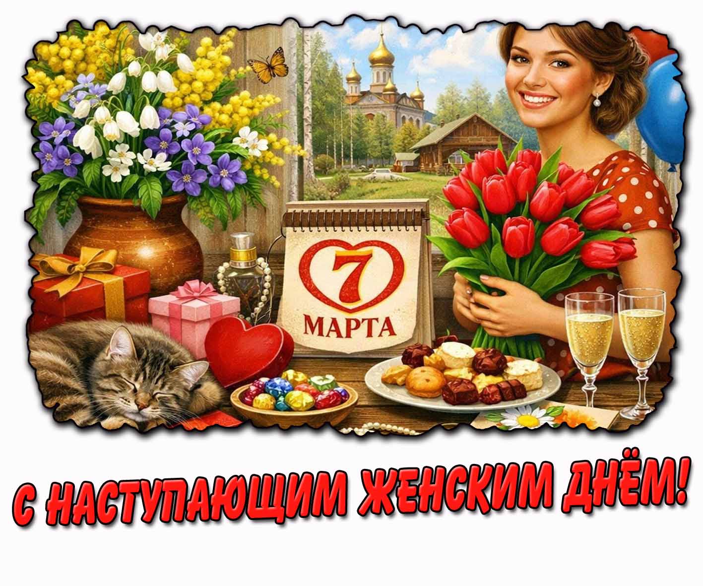 Открытка 7 марта - с наступающим женским днём!