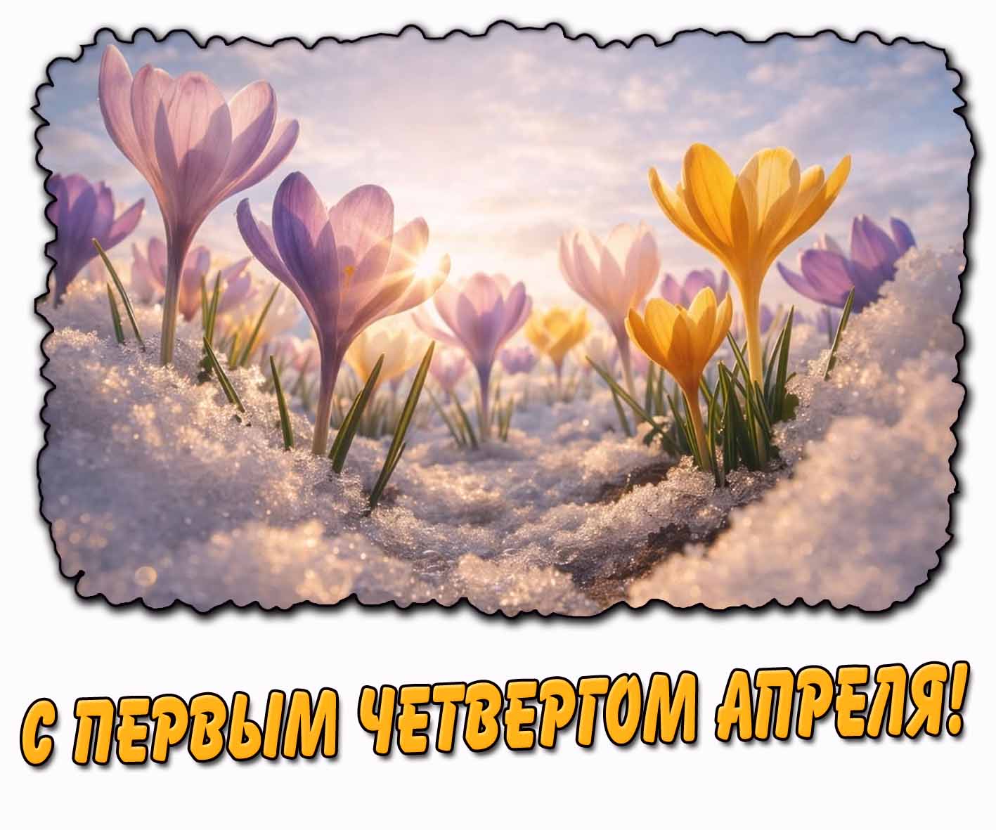 С первым четвергом апреля! - картинка с цветами на снегу