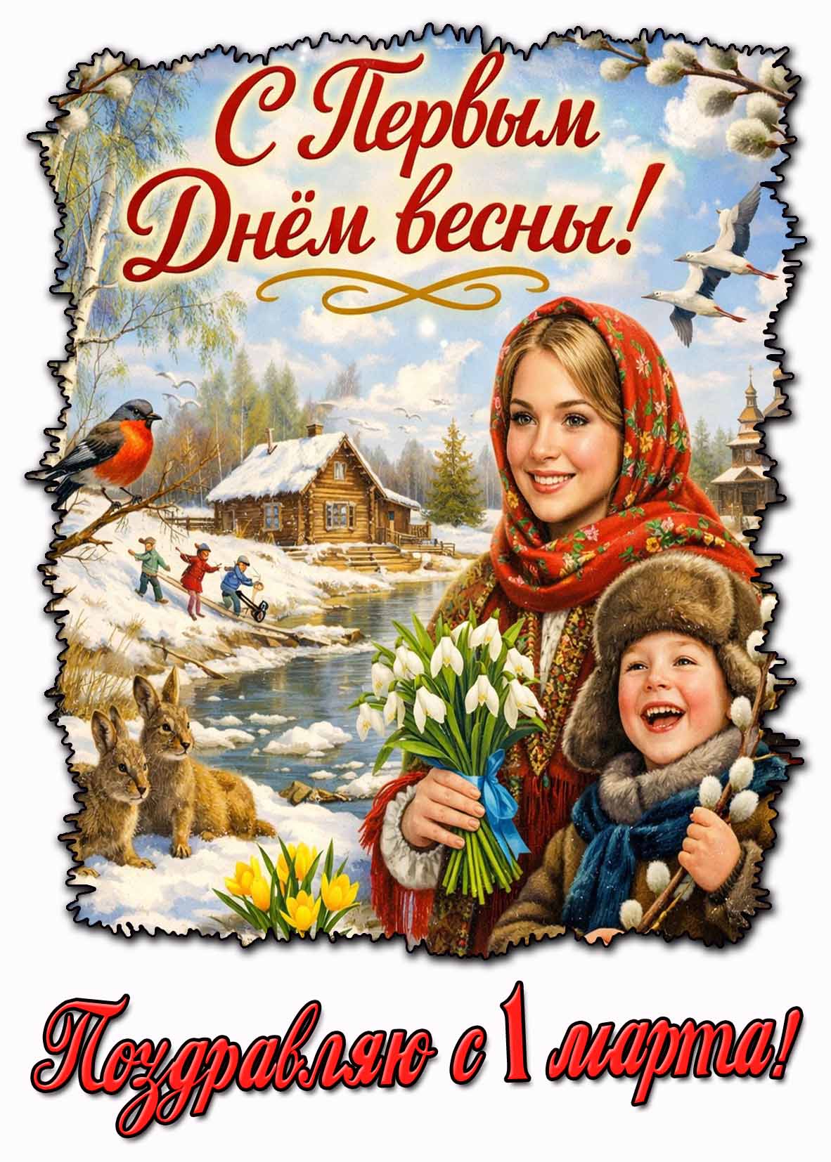 Открытка "С первым днём весны! Поздравляю с 1 Марта!"