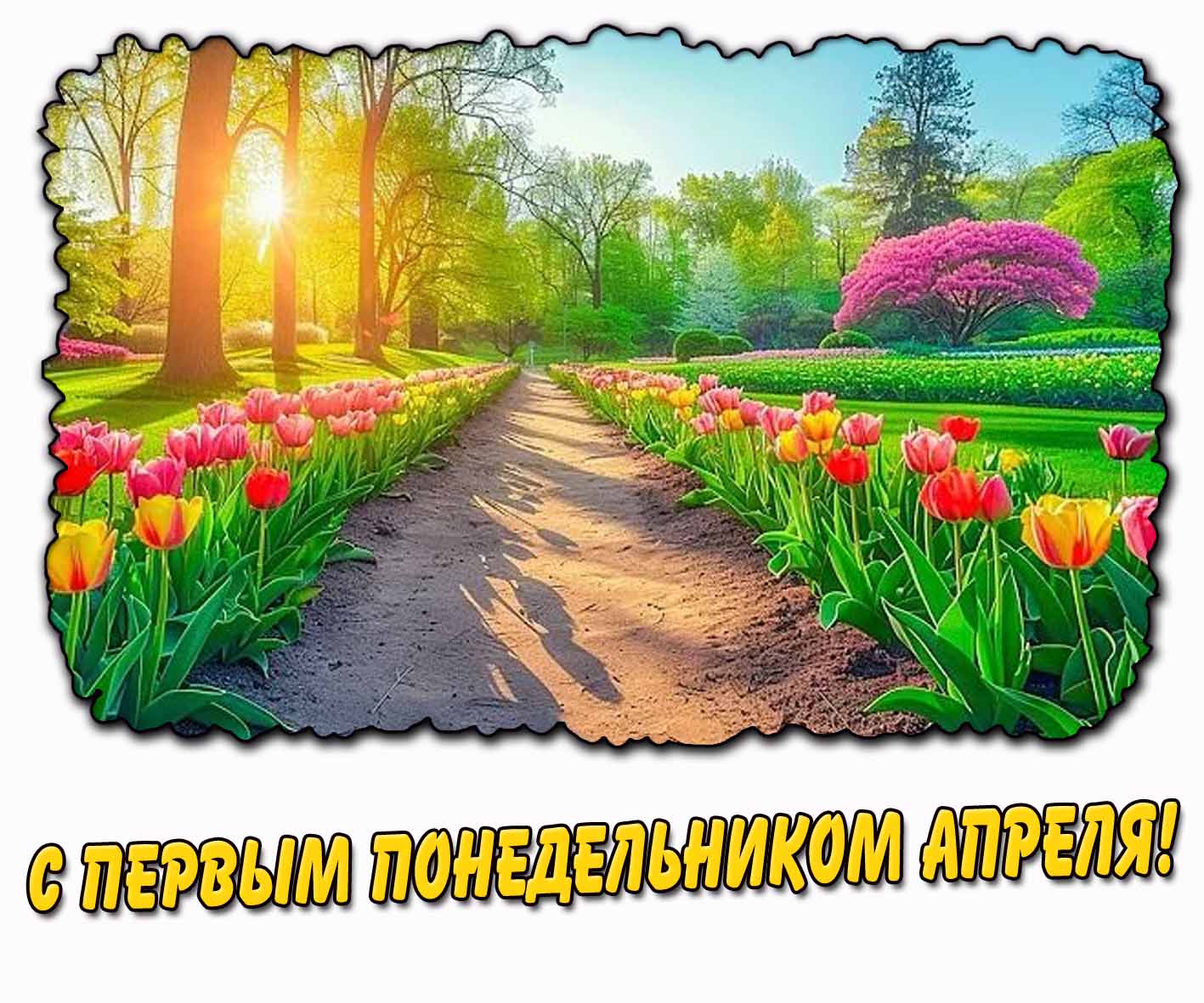 С первым понедельником апреля! - открытка с тюльпанами
