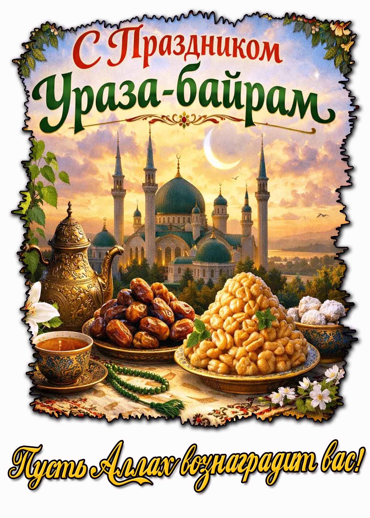 Красивая поздравительная открытка с угощениями на фоне мечети и надписью : С праздником Ураза-байрам! Пусть Аллах вознаградит вас! Открытка "С праздником Ураза-байрам! Пусть Аллах вознаградит вас!"