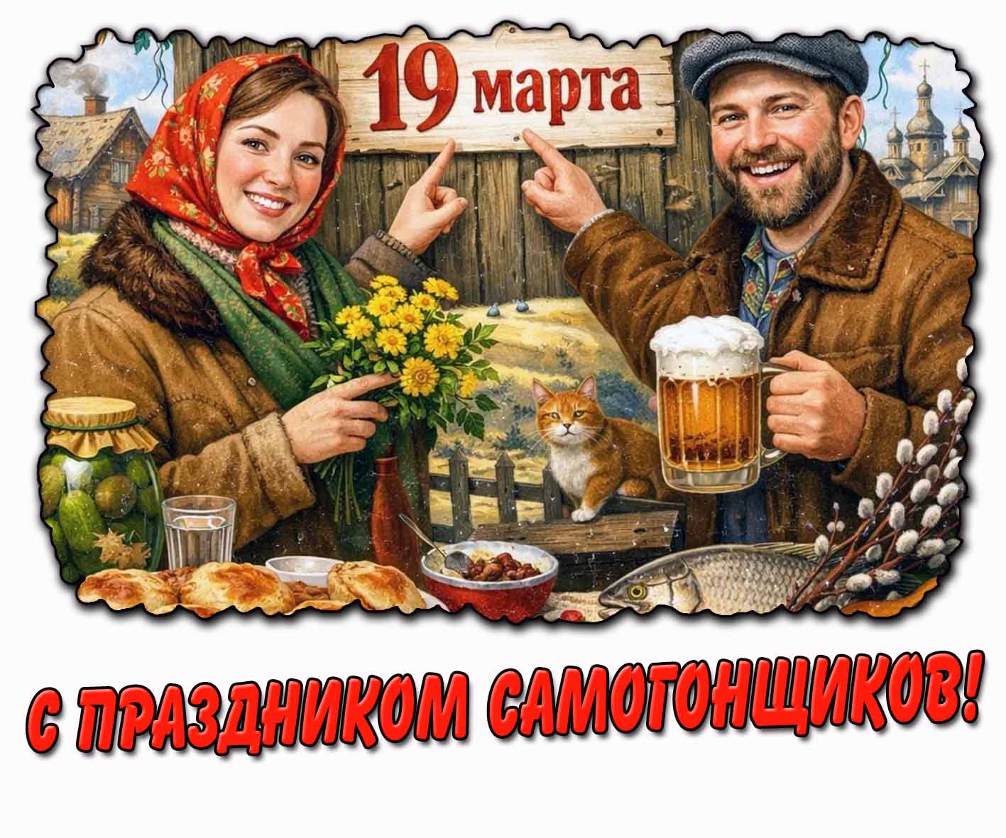 Прикольная открытка "19 марта - с праздником самогонщиков!"