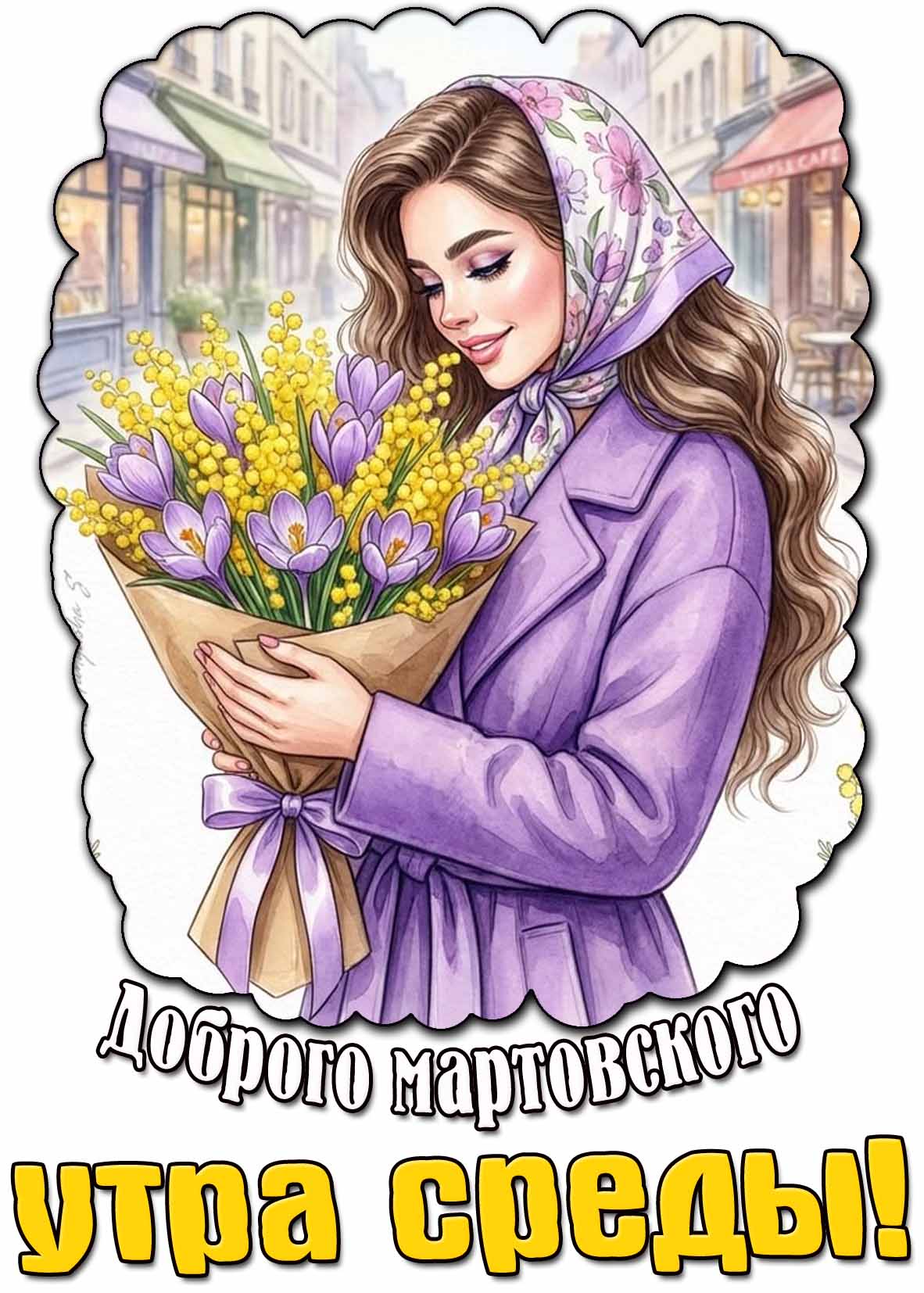 Доброго мартовского утра среды! - открытка с девушкой с цветами
