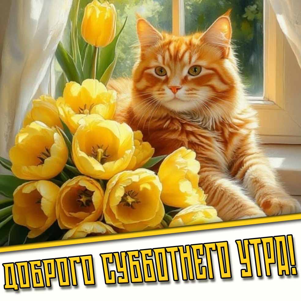 Доброго субботнего утра! - открытка с котом и цветами