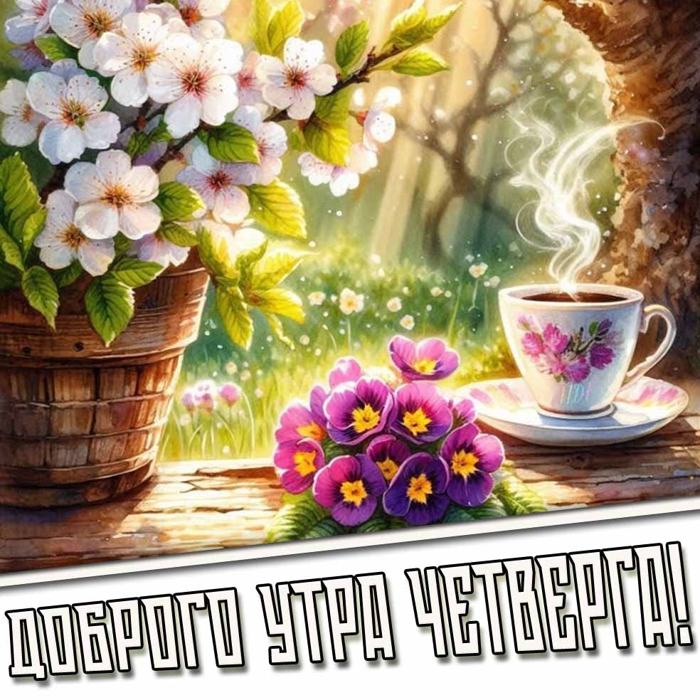 Доброго утра четверга! - весенняя открытка с кофе