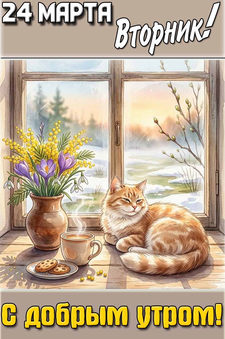 Красивая открытка с котиком, чашкой кофе, букетом весенних цветов на фоне тающего снега и надписью : "24 марта вторник! С добрым утром!". Открытка "24 марта вторник! С добрым утром!"