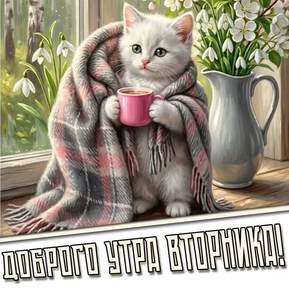 Доброго утра вторника! - весенняя открытка с котиком