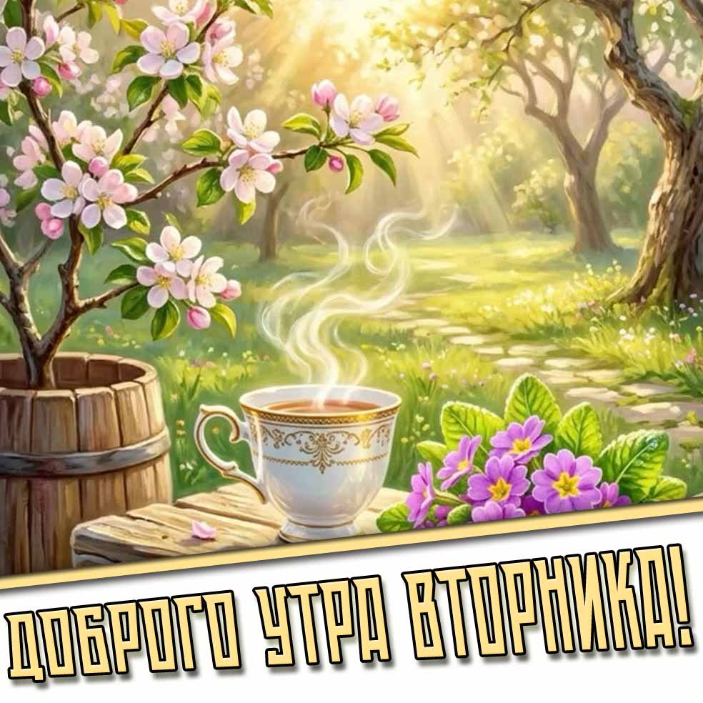 Доброго утра вторника! - весенняя картинка с чаем