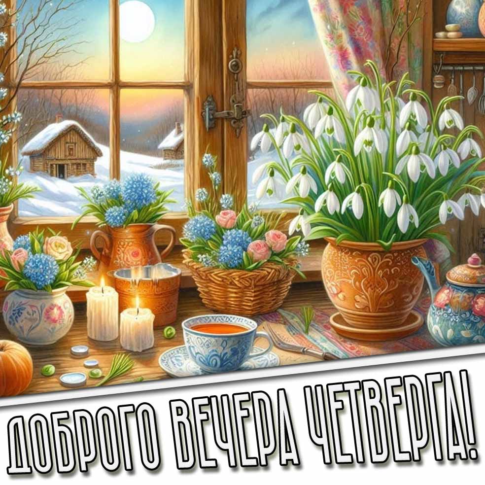 Доброго вечера четверга! - открытка с весенними подснежниками