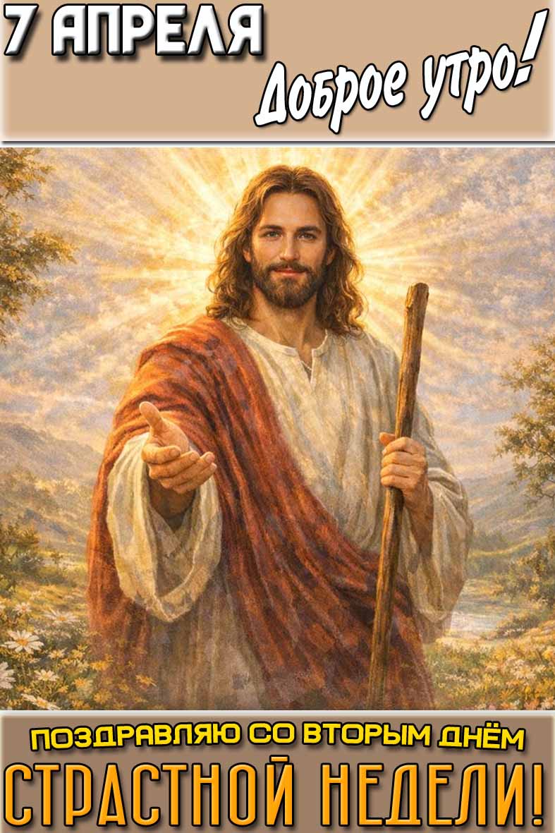 Открытка "7 апреля доброе утро! Поздравляю со вторым днём страстной недели!"