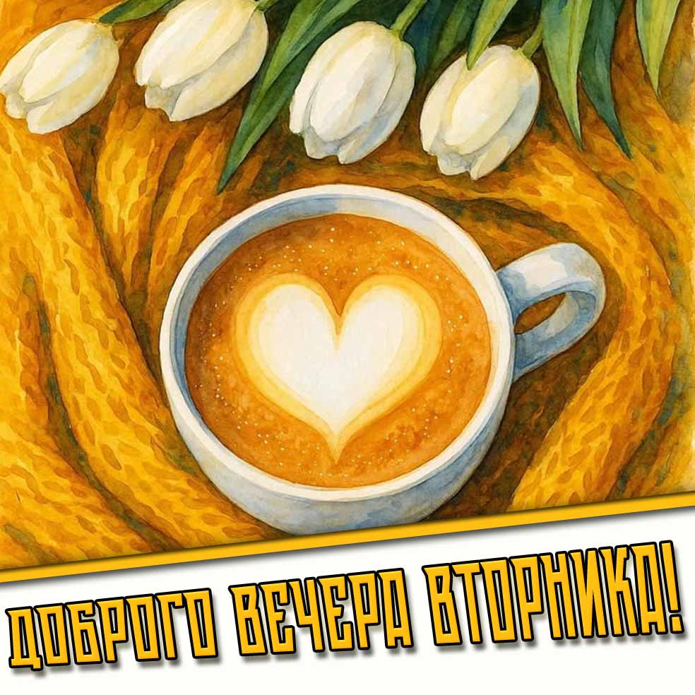 Доброго вечера вторника! - открытка с кофе и весенними тюльпанами