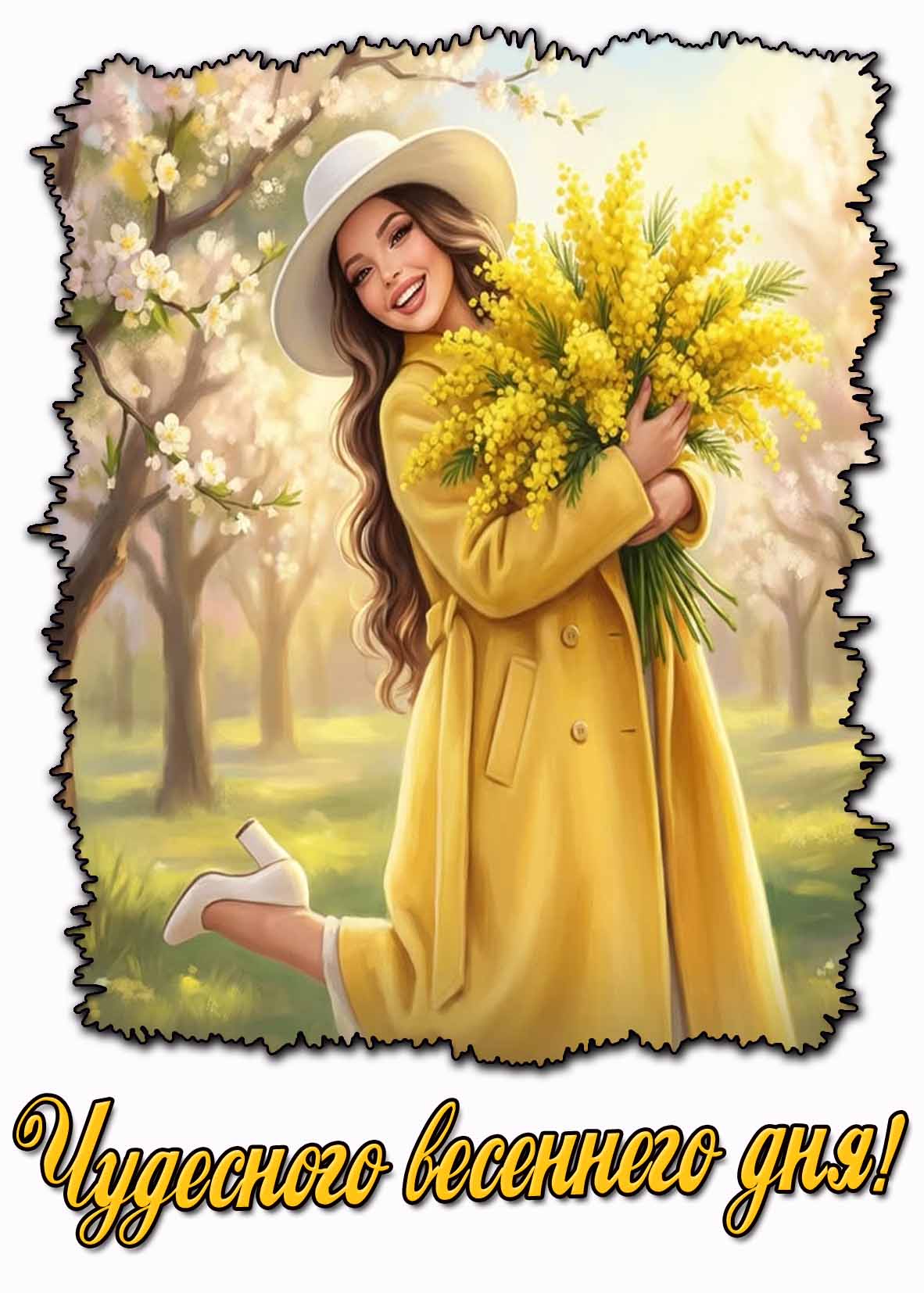 Чудесного весеннего дня! - открытка с девушкой с цветами