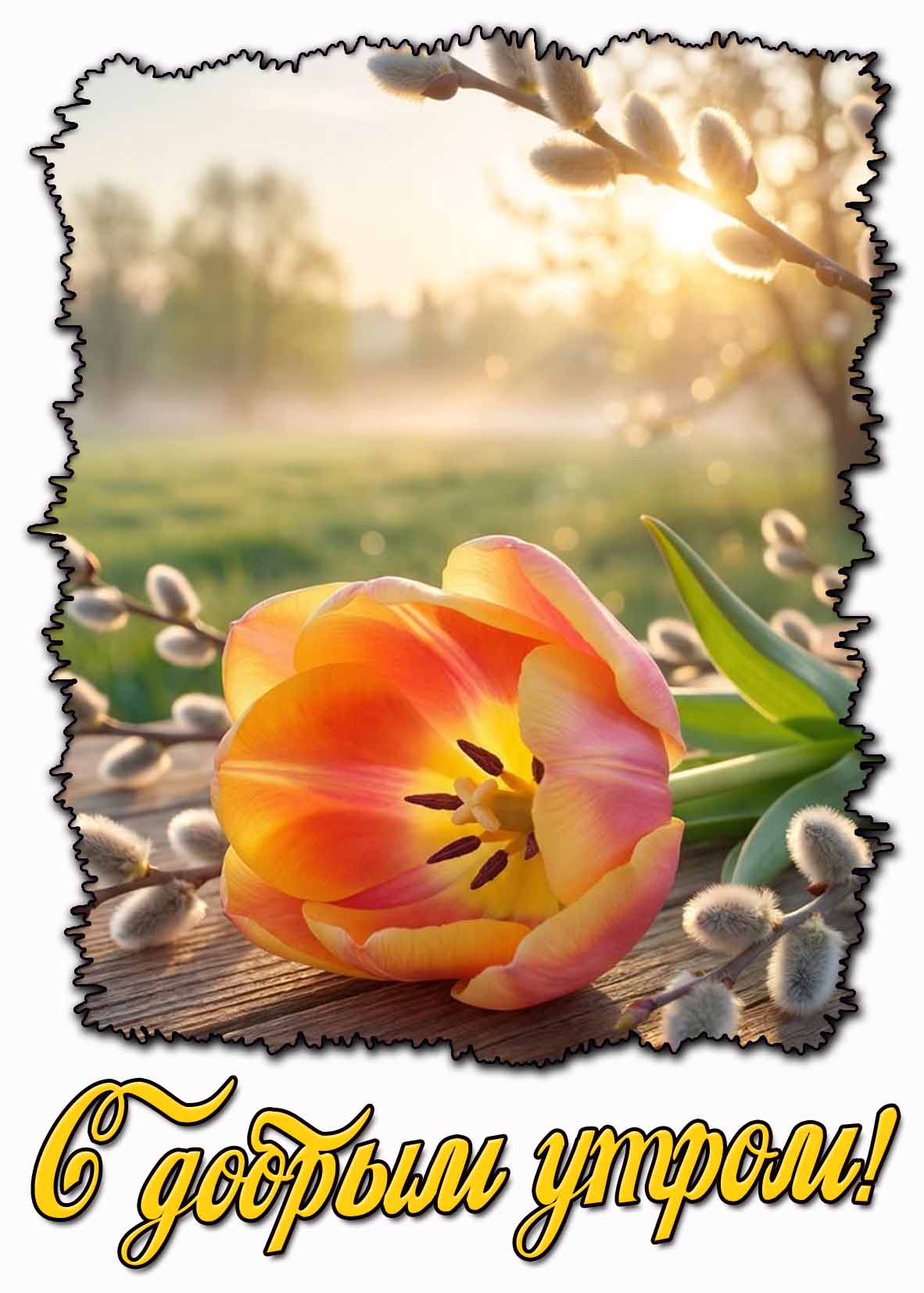 С добрым утром! - весенняя картинка с тюльпаном и вербой