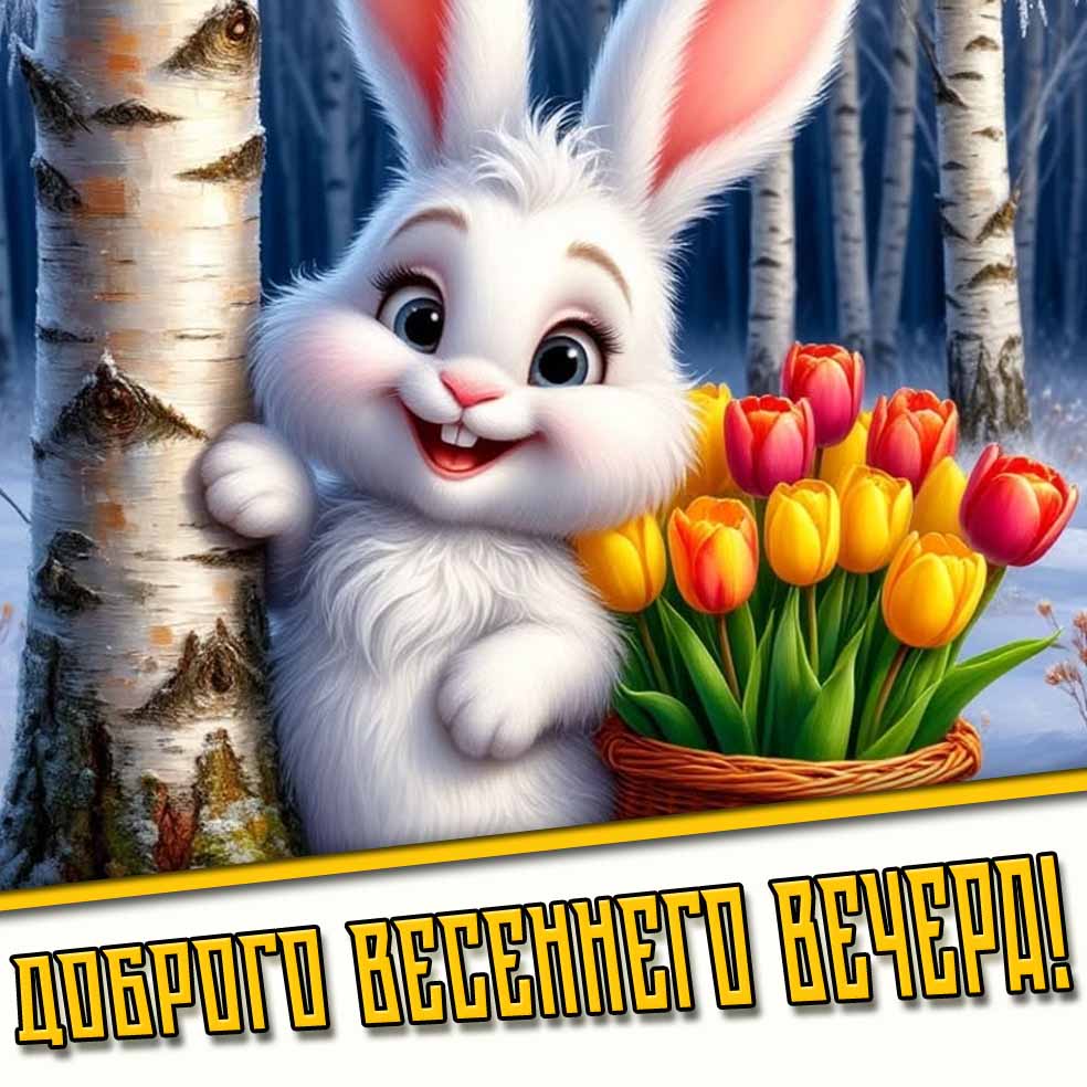 Доброго весеннего вечера! - открытка с зайчиком и тюльпанами