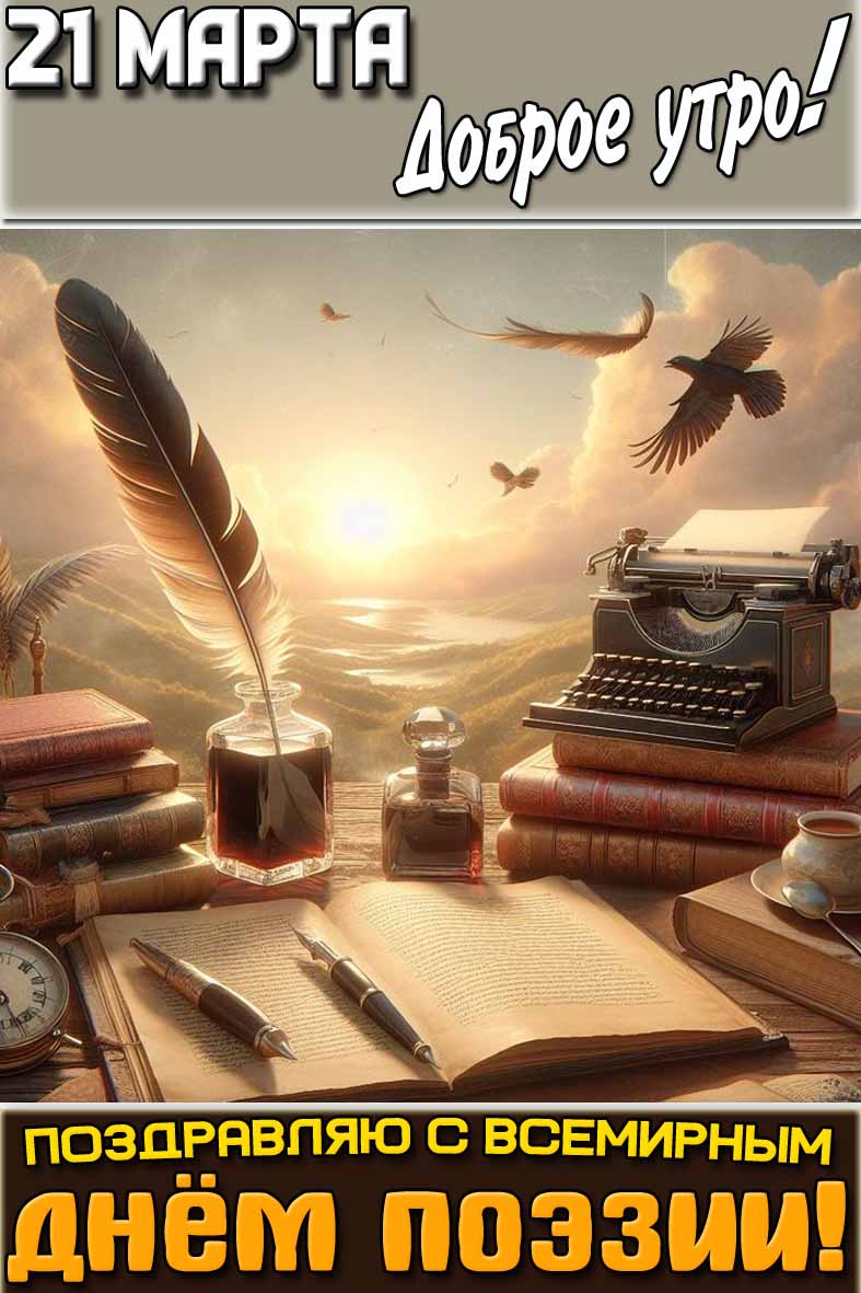 Открытка "21 марта доброе утро! Поздравляю с Всемирным днём поэзии!"