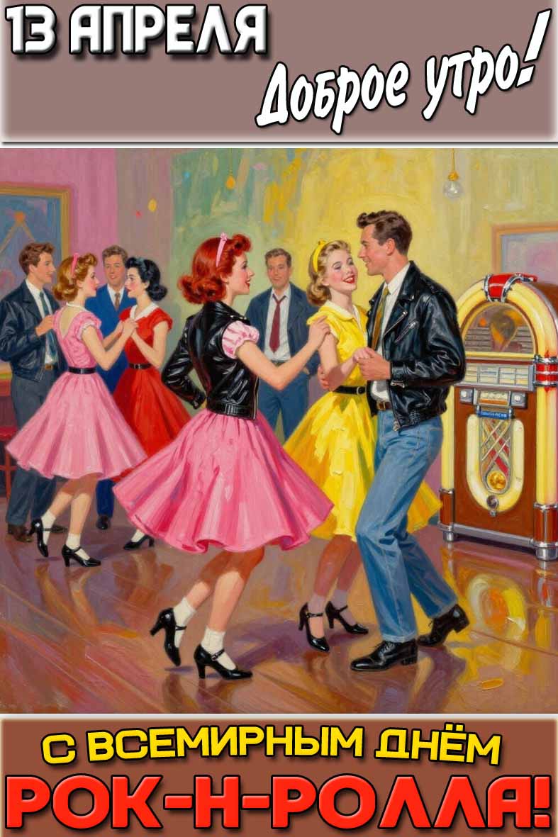 Открытка "13 апреля доброе утро! С Всемирным днём рок-н-ролла!"