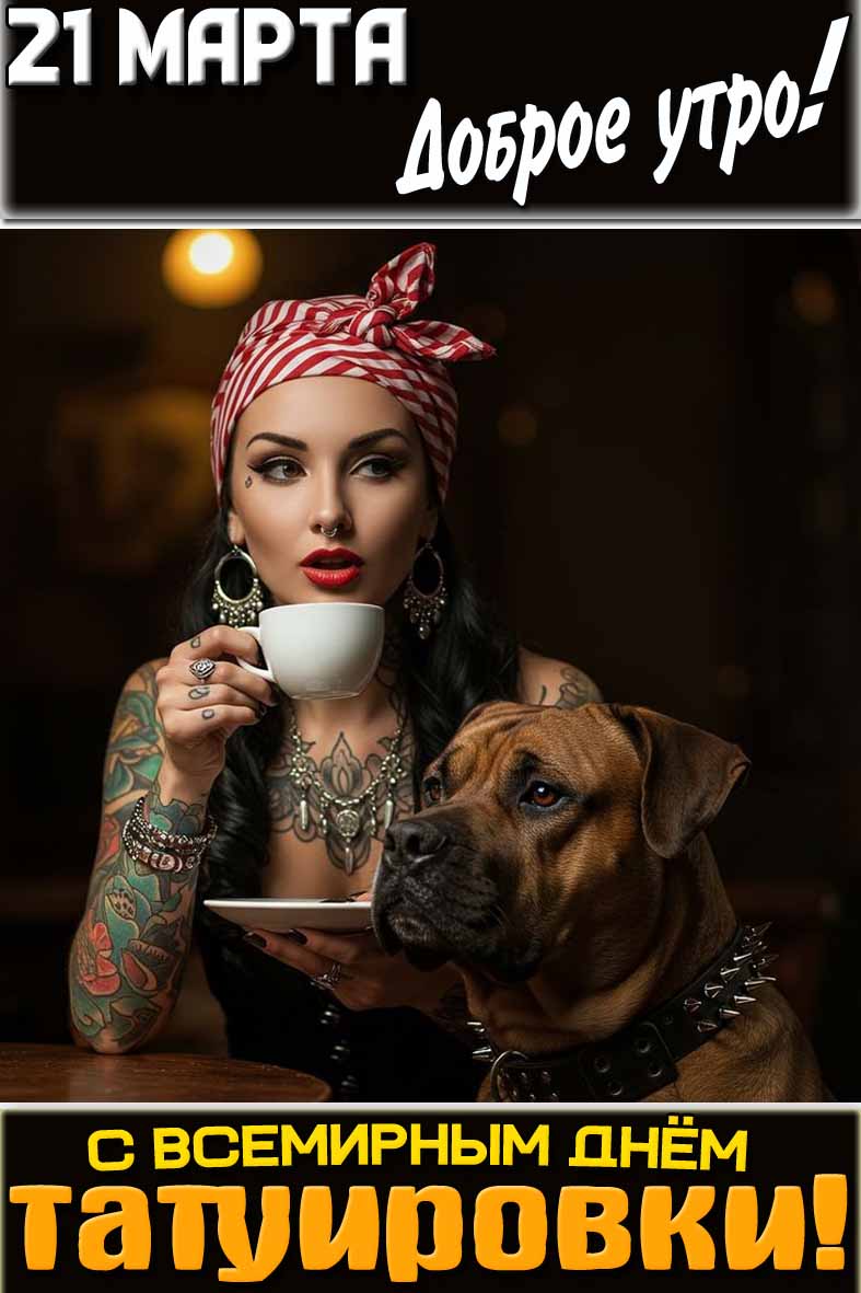 Открытка "21 марта доброе утро! С Всемирным днём татуировки!"