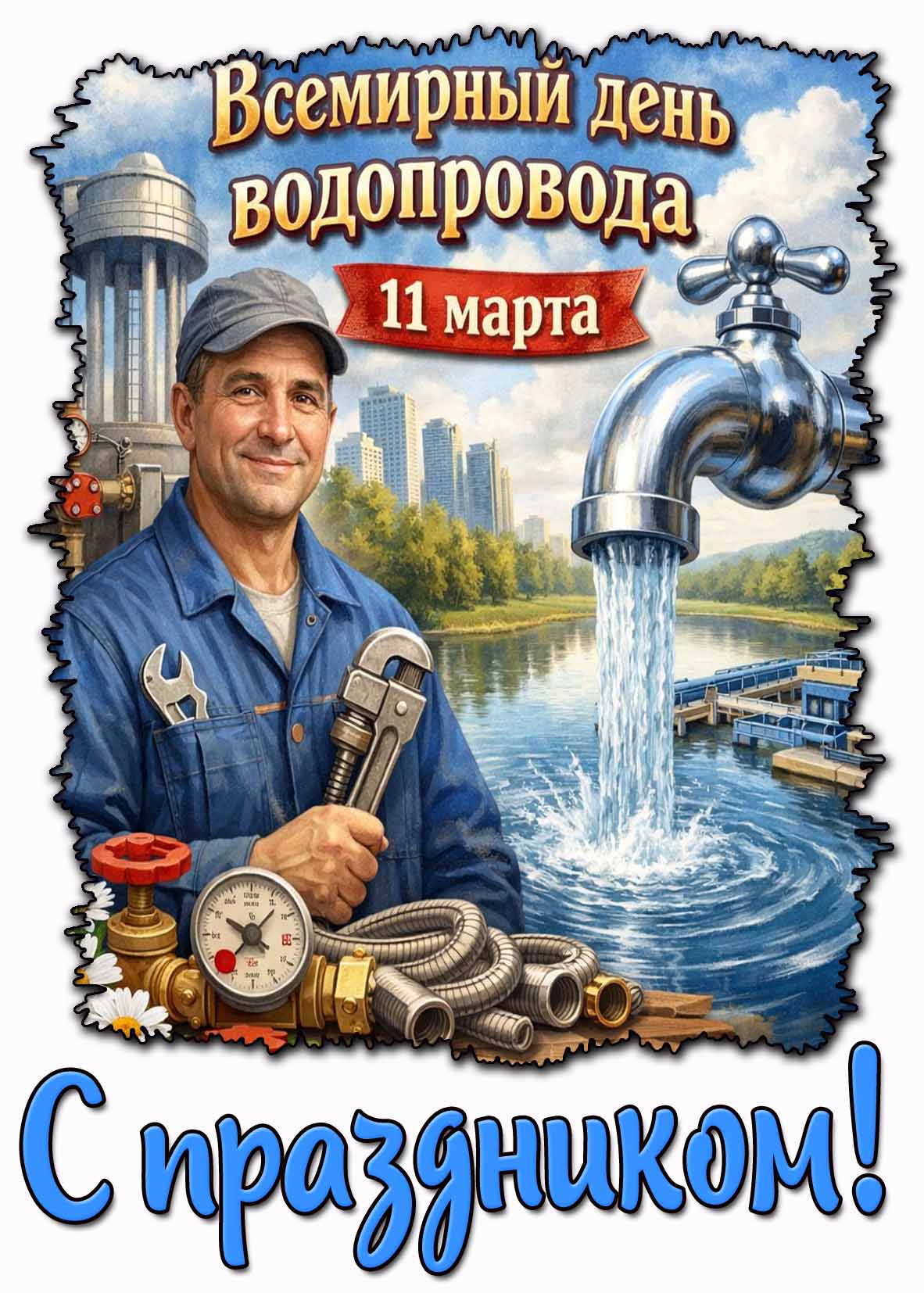 Открытка "11 марта - Всемирный день водопровода! С праздником!"