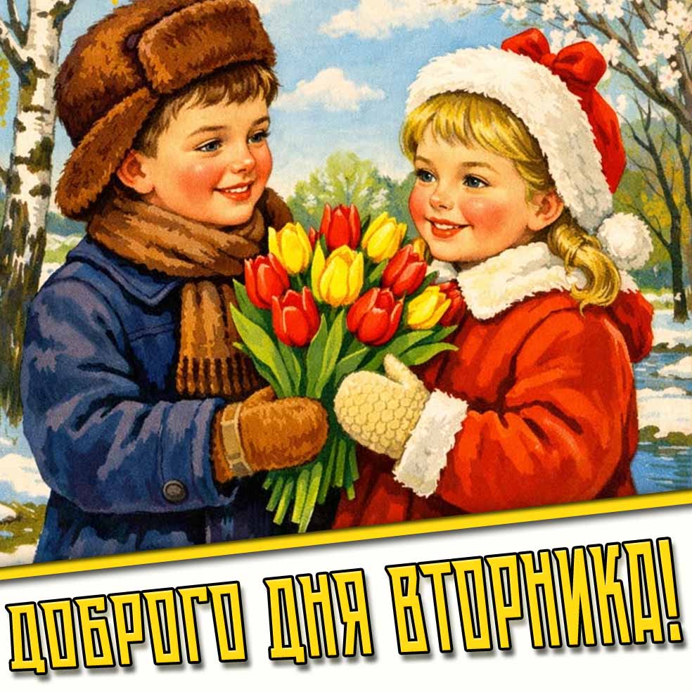 Красивая в Советском стиле картинка с мальчишкой дарящим девочке букет весенних тюльпанов, чтобы пожелать : Доброго дня вторника! Доброго дня вторника! - весенняя картинка с детишками