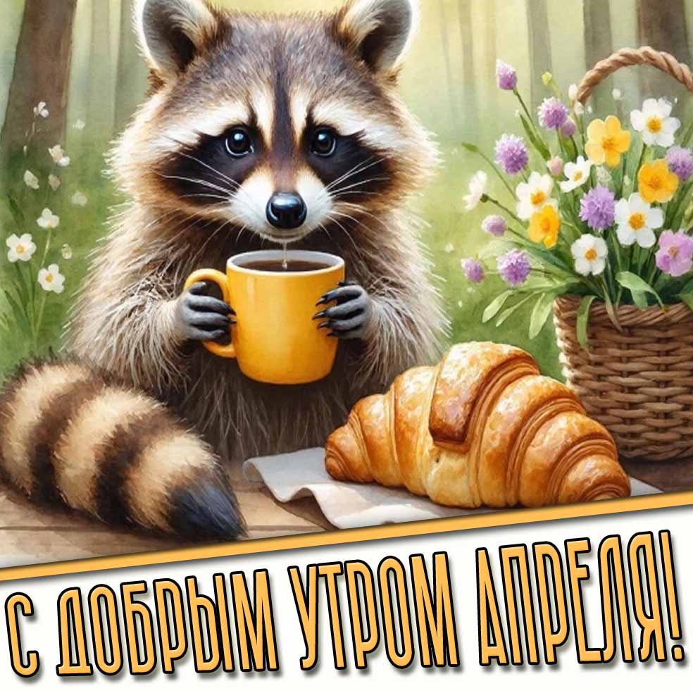 С добрым утром апреля! - открытка с енотом