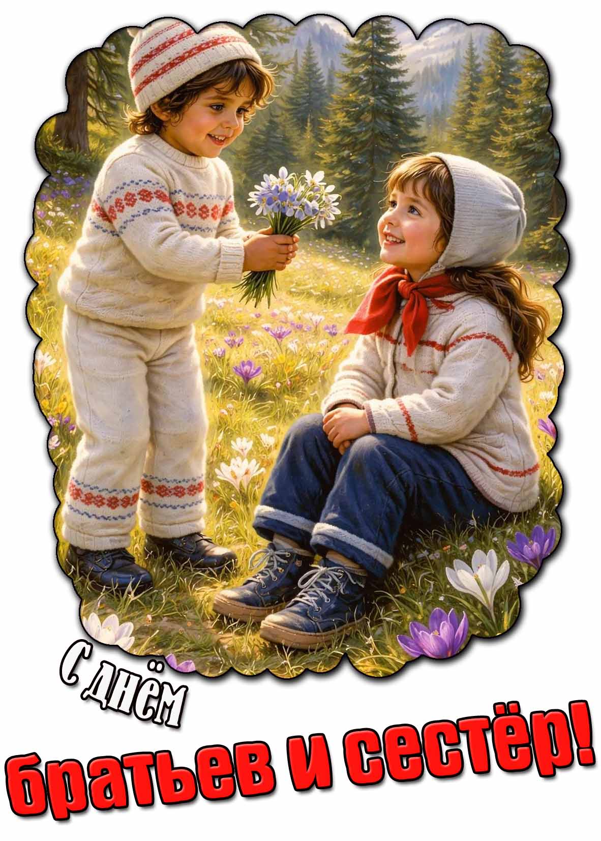 С днём братьев и сестёр! - весенняя открытка