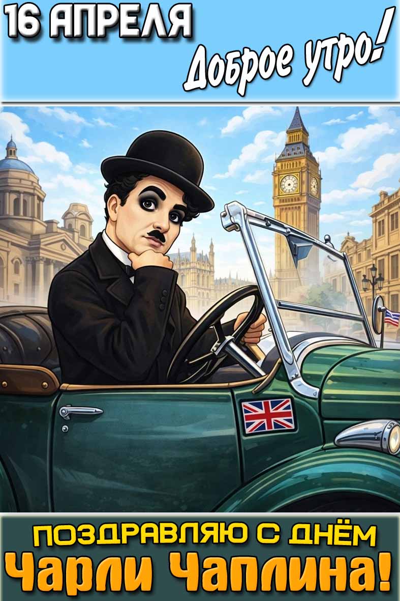 Открытка "16 апреля доброе утро! Поздравляю с днём Чарли Чаплина!"