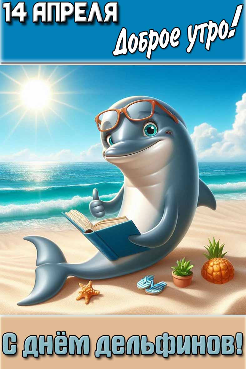 Открытка "14 апреля доброе утро! С днём дельфинов!"
